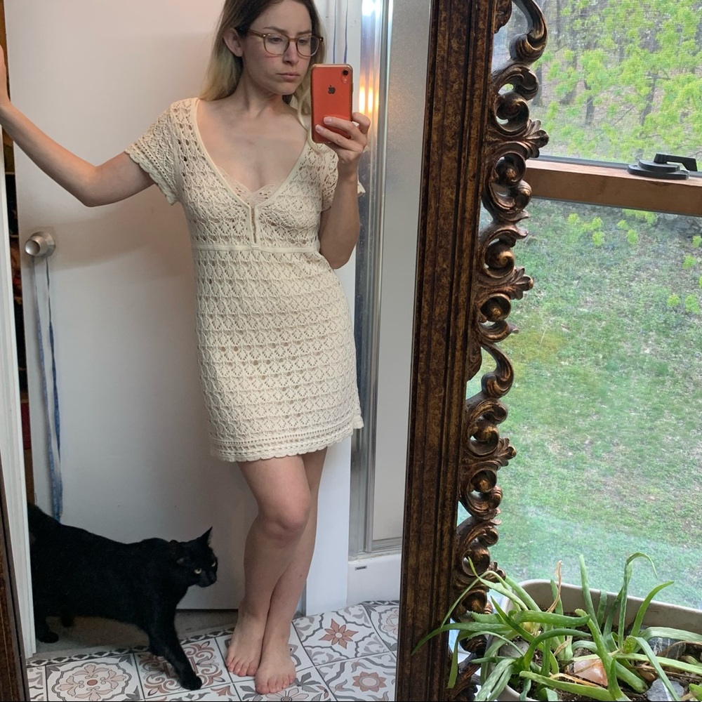 Vintage Crochet Open Knit Dress 70s bohemian ivory